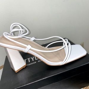 PLT White Toe Loop Lace Up Square High Block Heels